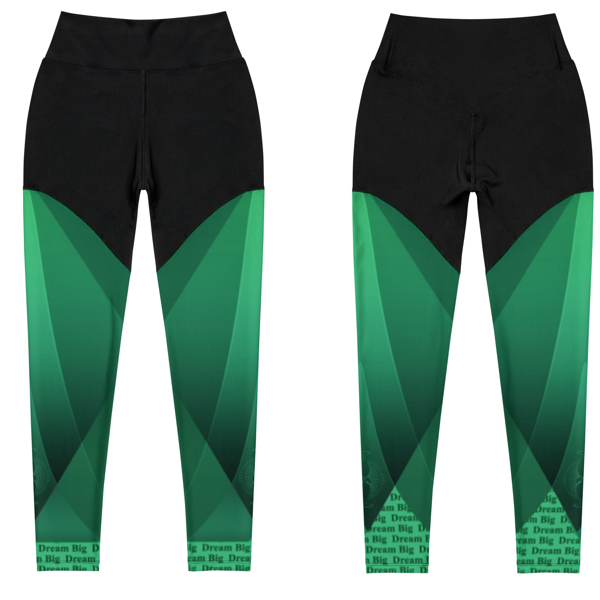 Front and back view green leggings  black tops