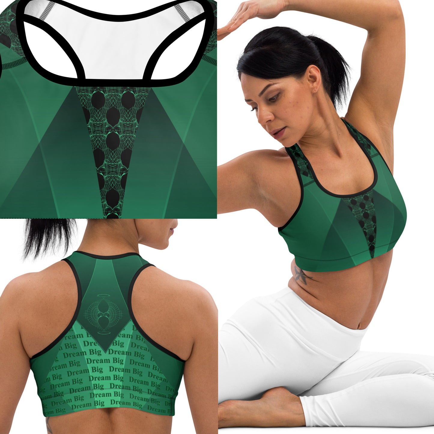 Dream big sprots bra three images together front, back and close up front