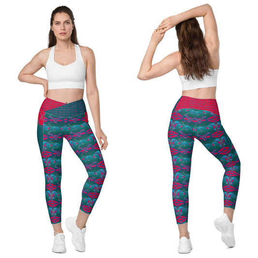 Pocket leggings with green, red ostrich inspired design on model