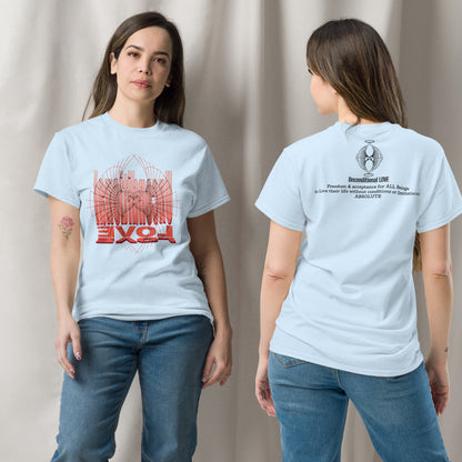 Female model front and back view of Unconditional Love graphic t-shirt featuring an orange design on a Light blue tee symbolizing that symbolizes freedom and acceptance for all beings