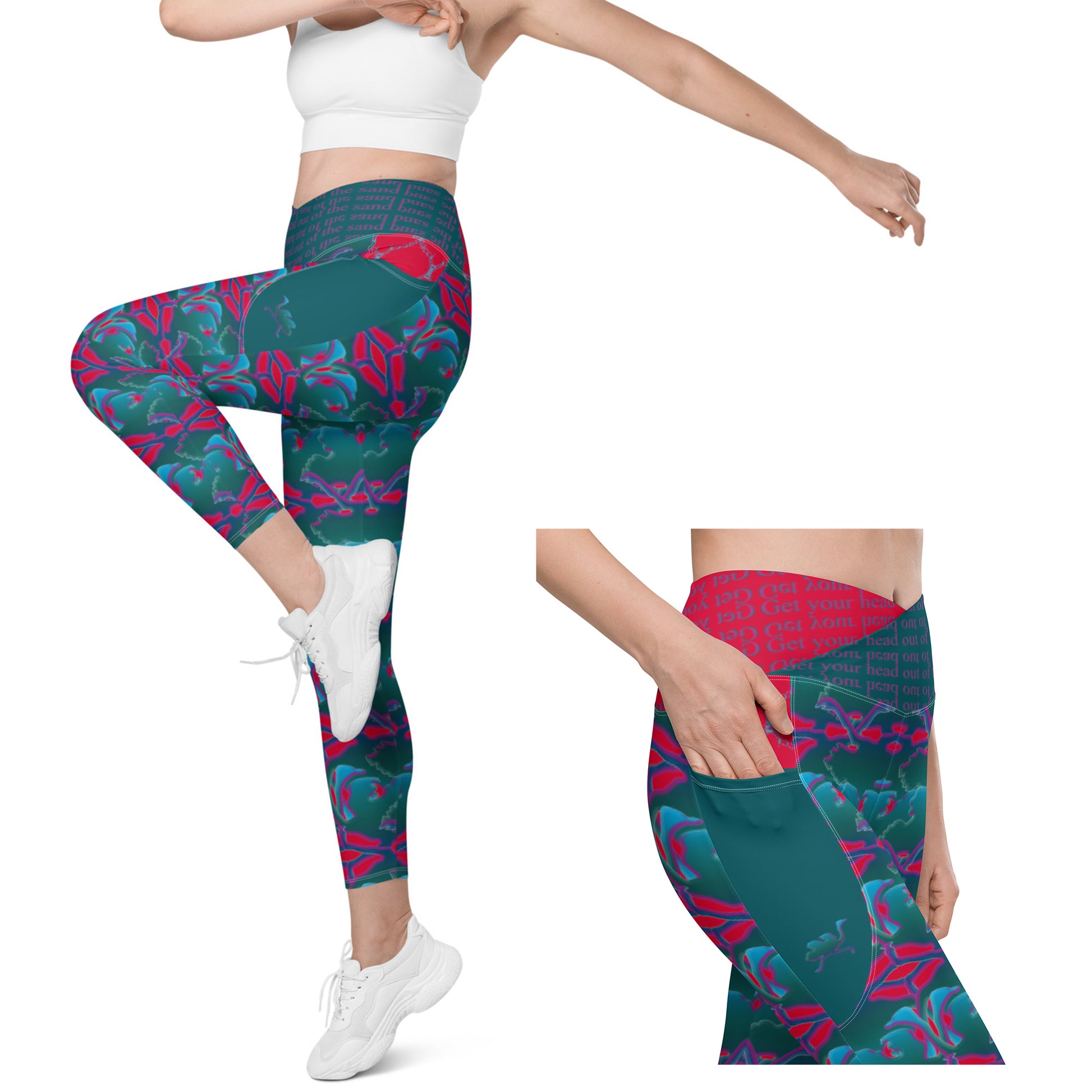 Pocket leggings with green, red ostrich inspired design pocket close ups