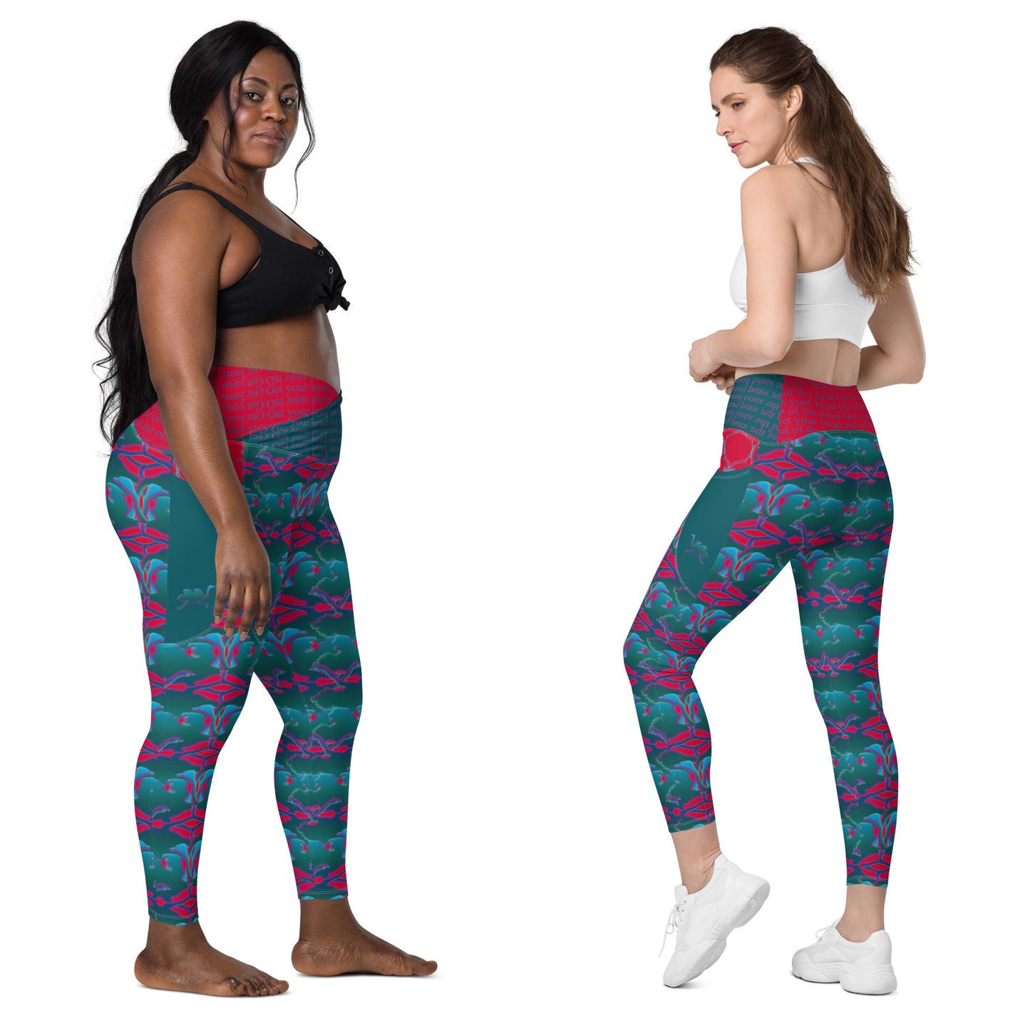 Pocket leggings with green, red ostrich inspired design front and back view on plus size  and smaller model 