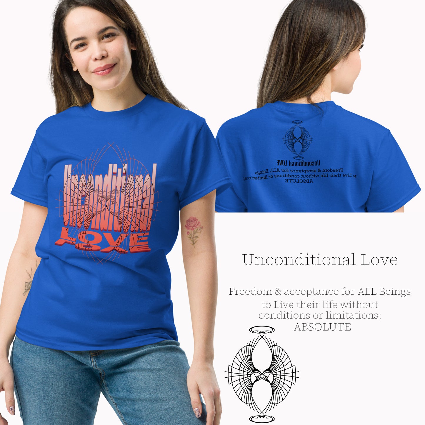 Female model showing front and back of Unconditional Love graphic t-shirt featuring an orange design on a Royal blue shirt, symbolizing inspiration, mindfulness, and positivity