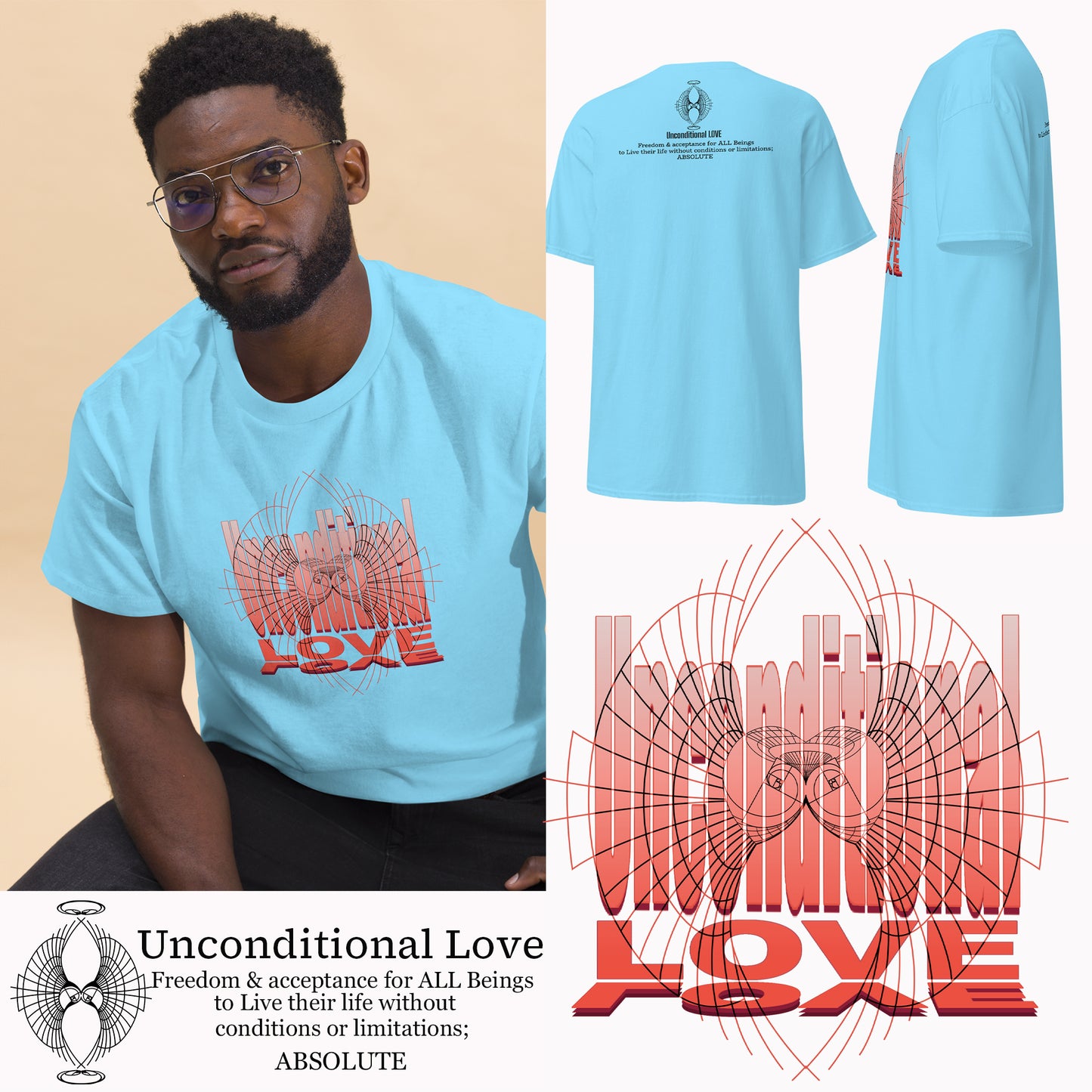 Model wearing Unconditional Love graphic t-shirt featuring an orange design on a sky blue shirt, back, side view and close up design 