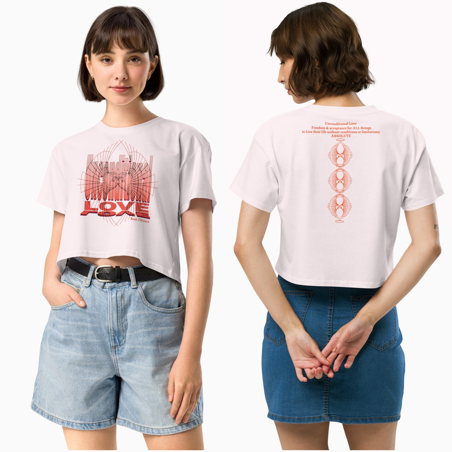 Model showcasing the Unconditional Love design in orange crop top on Orchid color featuring a minimalist design on the front with mindful messaging, and the back displaying the phrase 'Unconditional Love: Freedom & Acceptance for All Beings' along with three stacked Rose Fibonacci Designs logos