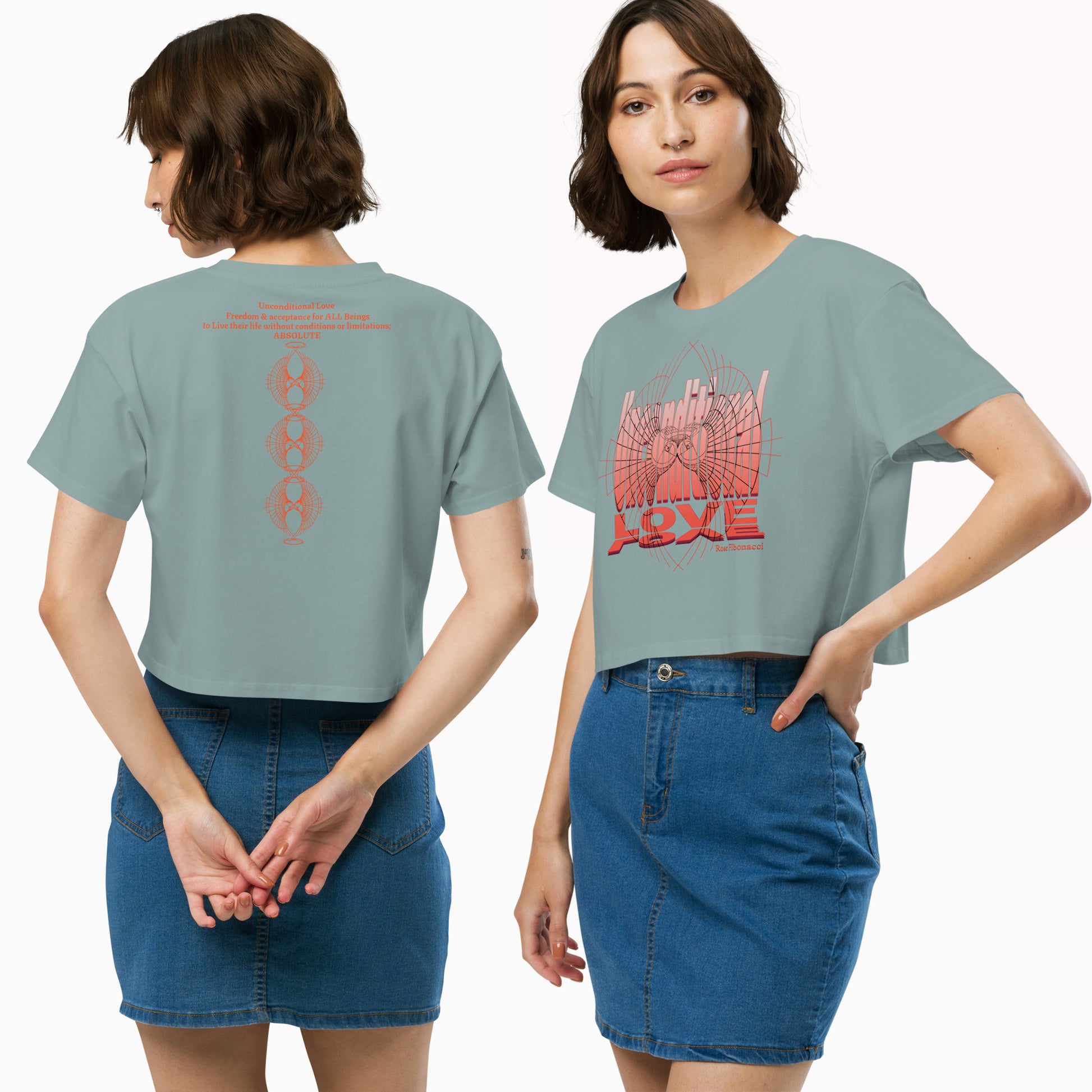 Model showcasing the Unconditional Love design in orange crop top on Mineral color featuring a minimalist design on the front with mindful messaging, and the back displaying the phrase 'Unconditional Love: Freedom & Acceptance for All Beings' along with three stacked Rose Fibonacci Designs logos