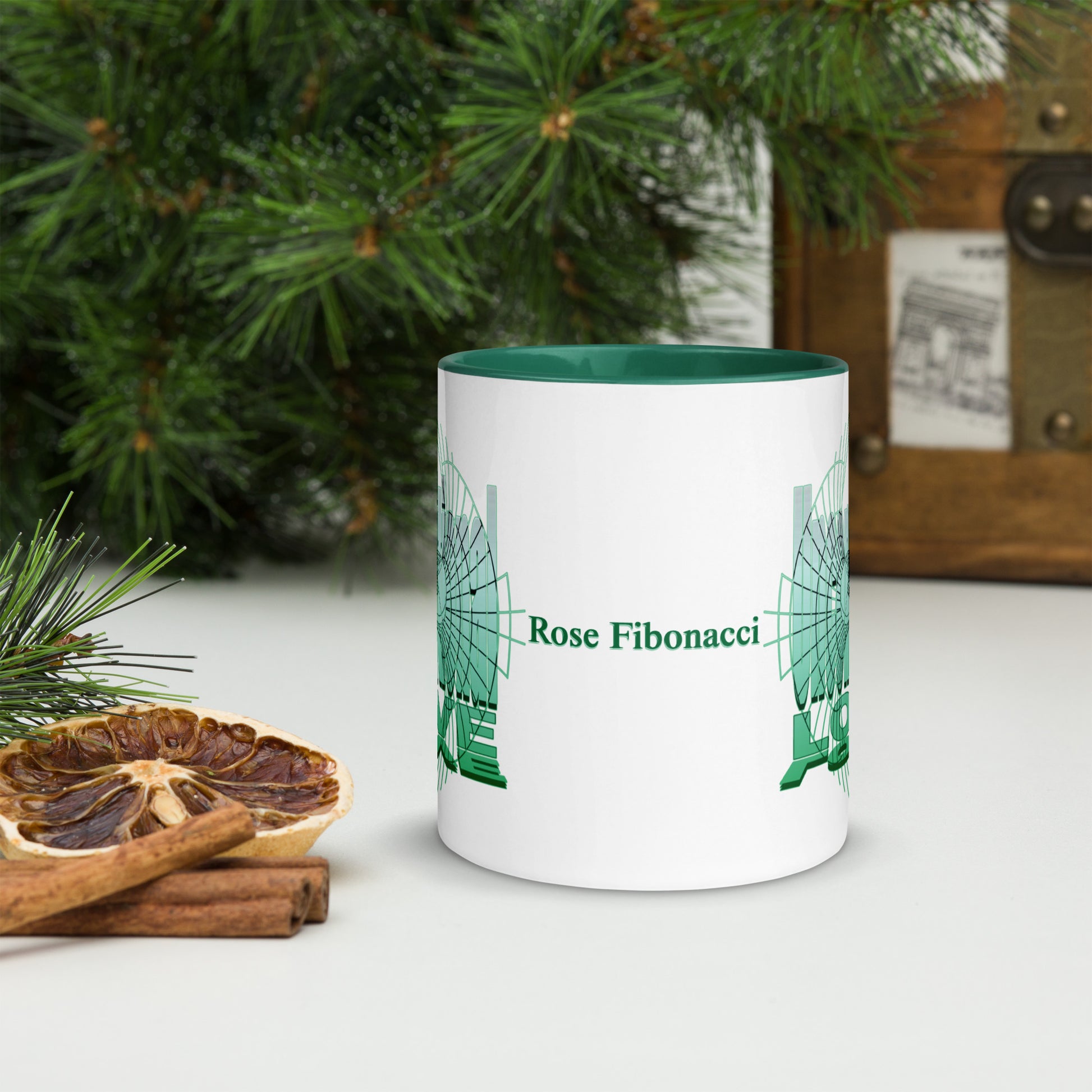 Unconditional Love 11oz ceramic mug with green handle and interior, featuring inspirational design on both sides and Rose Fibonacci text centered front view