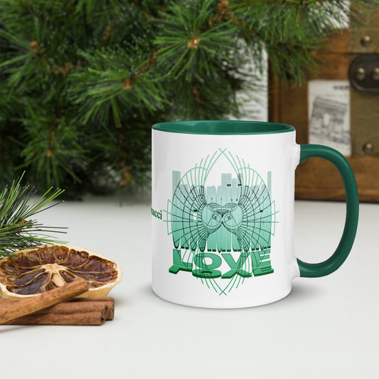 Unconditional Love 11oz ceramic mug with green handle and interior, featuring inspirational design on both sides and Rose Fibonacci text centered.