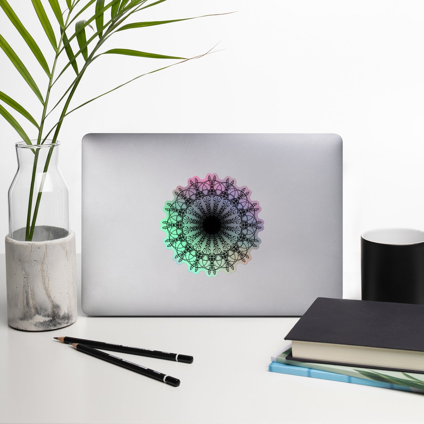 Holographic vortex sticker made with repeating words Rose Fibonacci  Designs on laptop