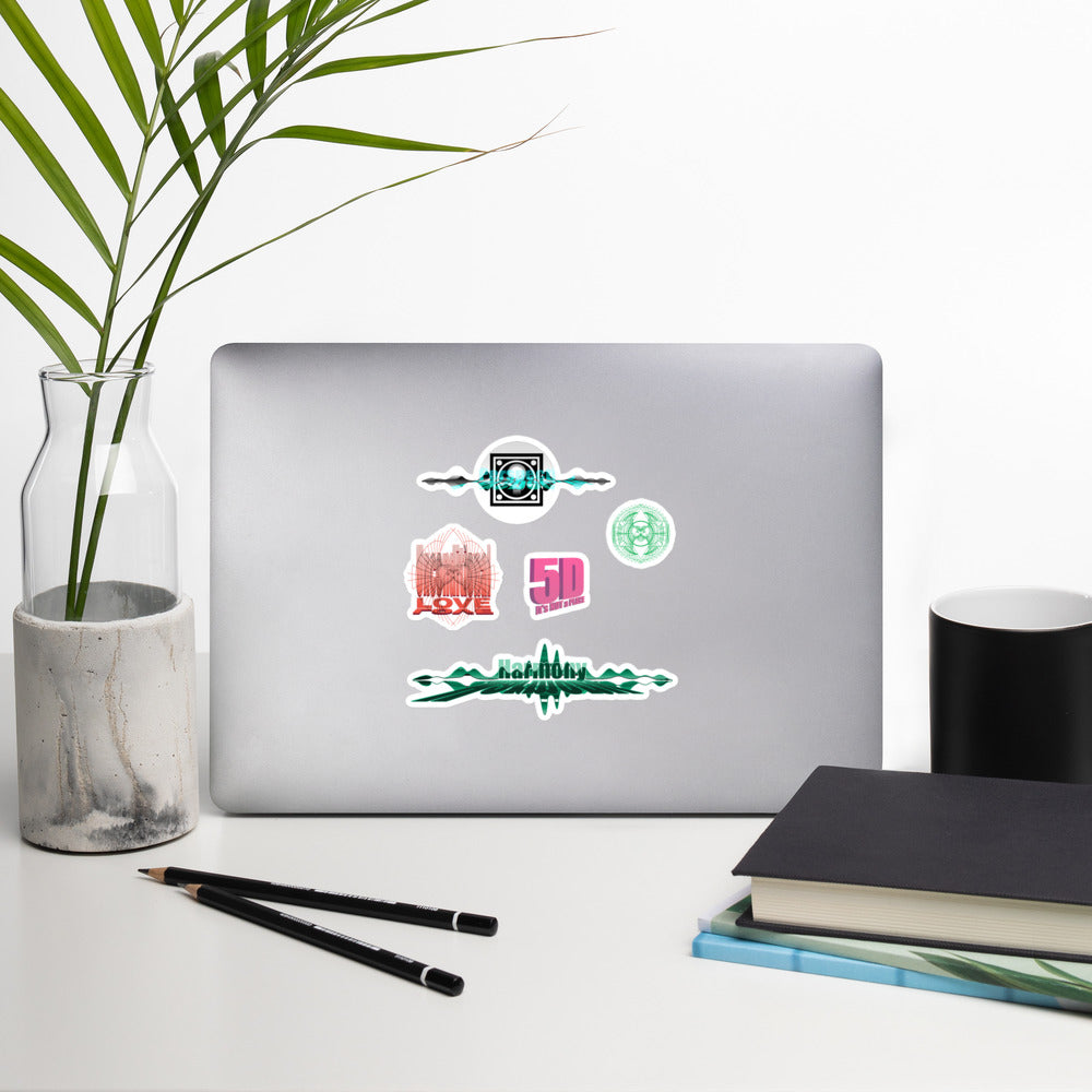 Unconditional Love, Harmony, 5D, and Geometric Design Stickers on a laptop screen - durable high-quality vinyl stickers for personalizing your devices