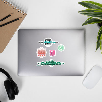 Unconditional Love, Harmony, 5D, and Geometric Design Stickers on a laptop screen - durable high-quality vinyl stickers for personalizing your devices