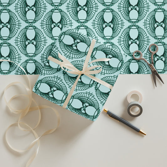 Present wrapped in Rose Fibonacci Logo wrapping paper design in green and pale blue 