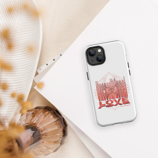 Unconditional Love iPhone tough case with orange design, featuring polycarbonate outer shell and TPU inner lining for maximum protection