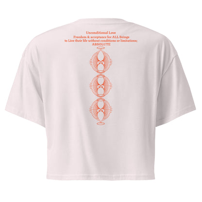 Back view of the Unconditional Love design in orange on orchid color crop top showing the phrase 'Unconditional Love: Freedom & Acceptance for All Beings, to live their life without conditions or limitations; ABSOLUTE' along with three of the Rose Fibonacci Designs logo stacked vertically