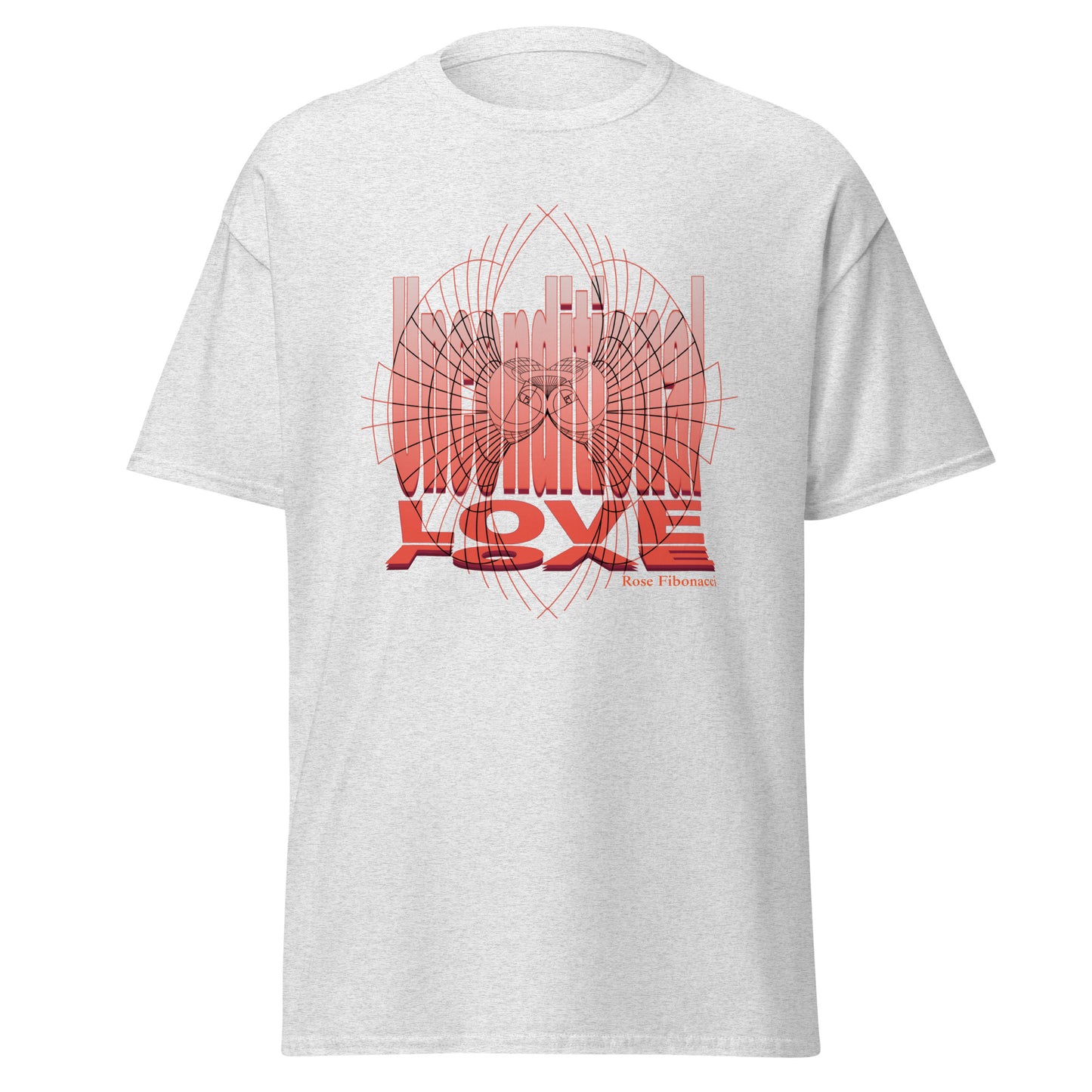 Unconditional Love graphic t-shirt featuring an orange design on a Ash color shirt, symbolizing inspiration, mindfulness, and positivity