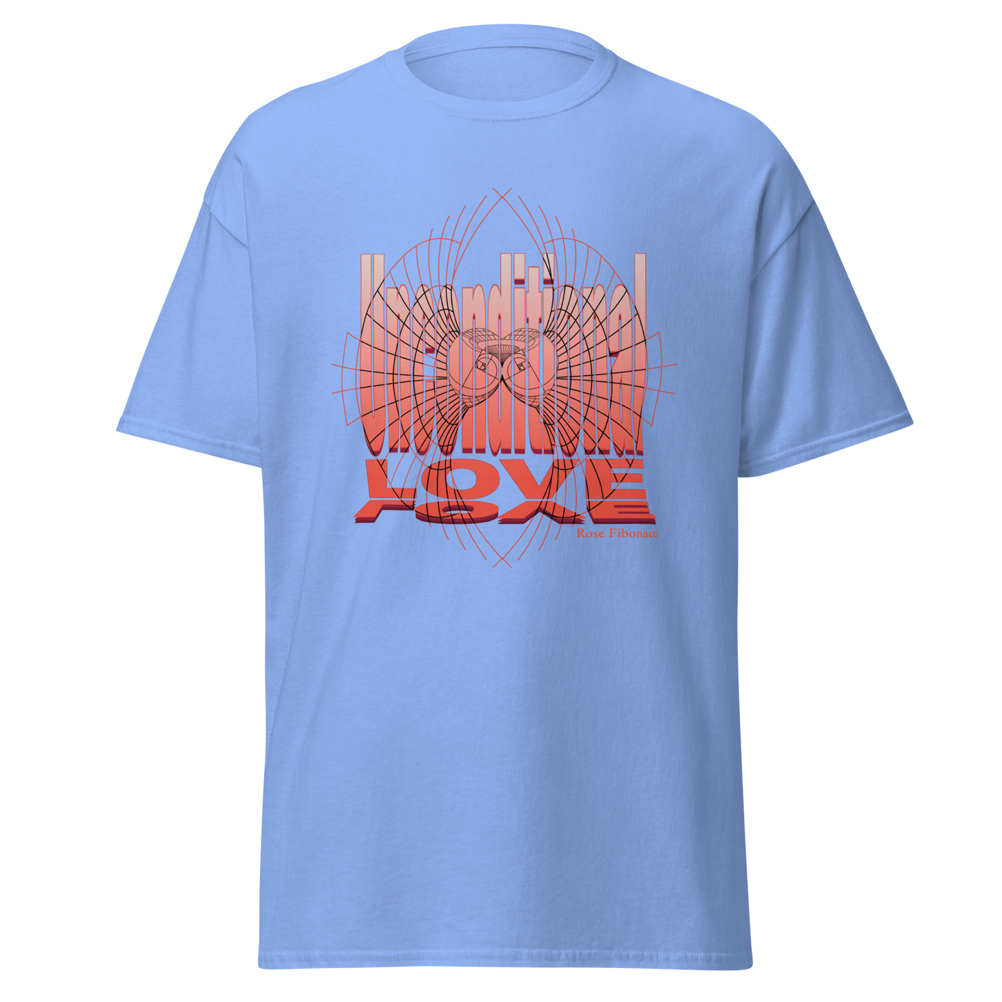 Unconditional Love graphic t-shirt featuring an orange design on a Carolina blue shirt, symbolizing inspiration, mindfulness, and positivitysouls