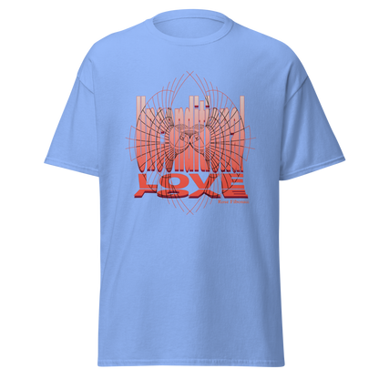 Unconditional Love graphic t-shirt featuring an orange design on a Carolina blue shirt, symbolizing inspiration, mindfulness, and positivitysouls