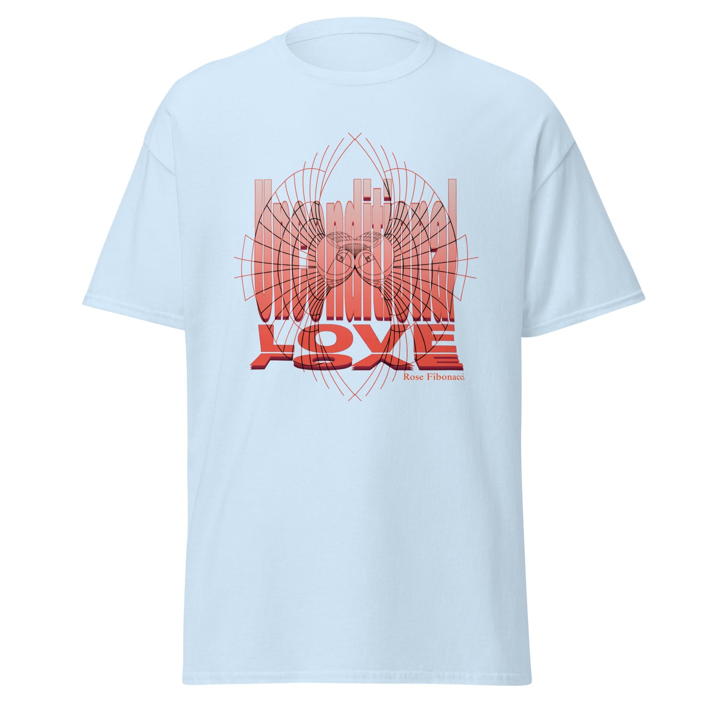 Unconditional Love graphic t-shirt featuring an orange design on a Light Blue shirt, symbolizing inspiration, mindfulness, and positivity