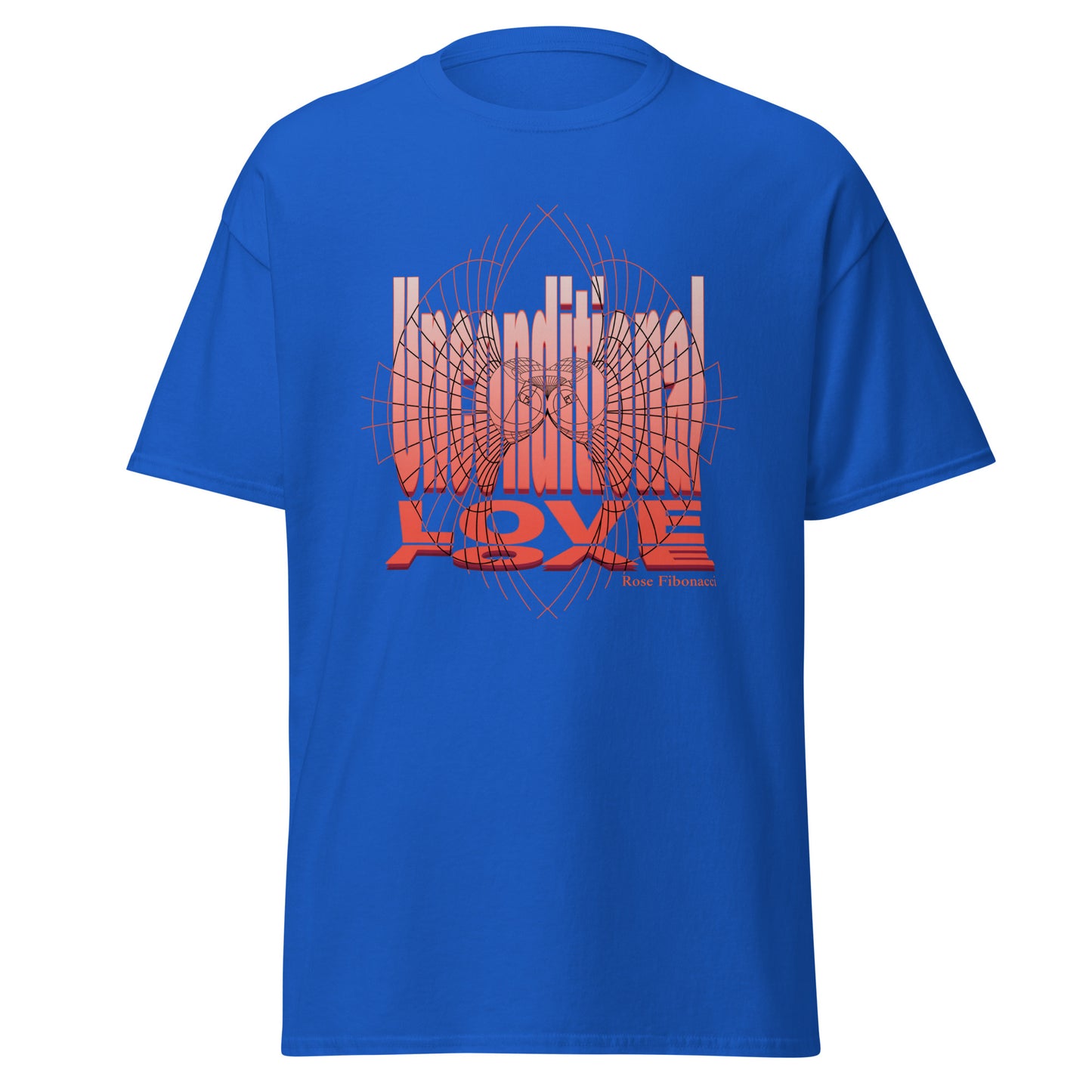 Unconditional Love graphic t-shirt featuring an orange design on a Royal blue shirt, symbolizing inspiration, mindfulness, and positivity