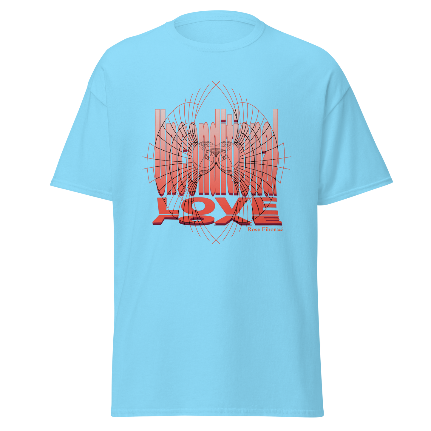 Unconditional Love graphic t-shirt featuring an orange design on a sky blue shirt, symbolizing inspiration, mindfulness, and positivity