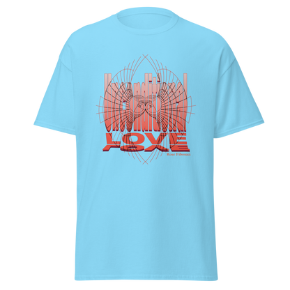 Unconditional Love graphic t-shirt featuring an orange design on a sky blue shirt, symbolizing inspiration, mindfulness, and positivity