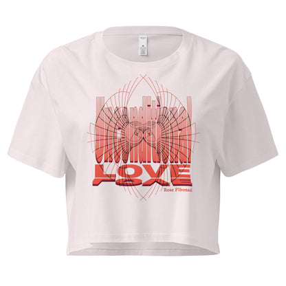 Unconditional Love design in orange on orchid color crop top featuring geometric heart design with a mindful message