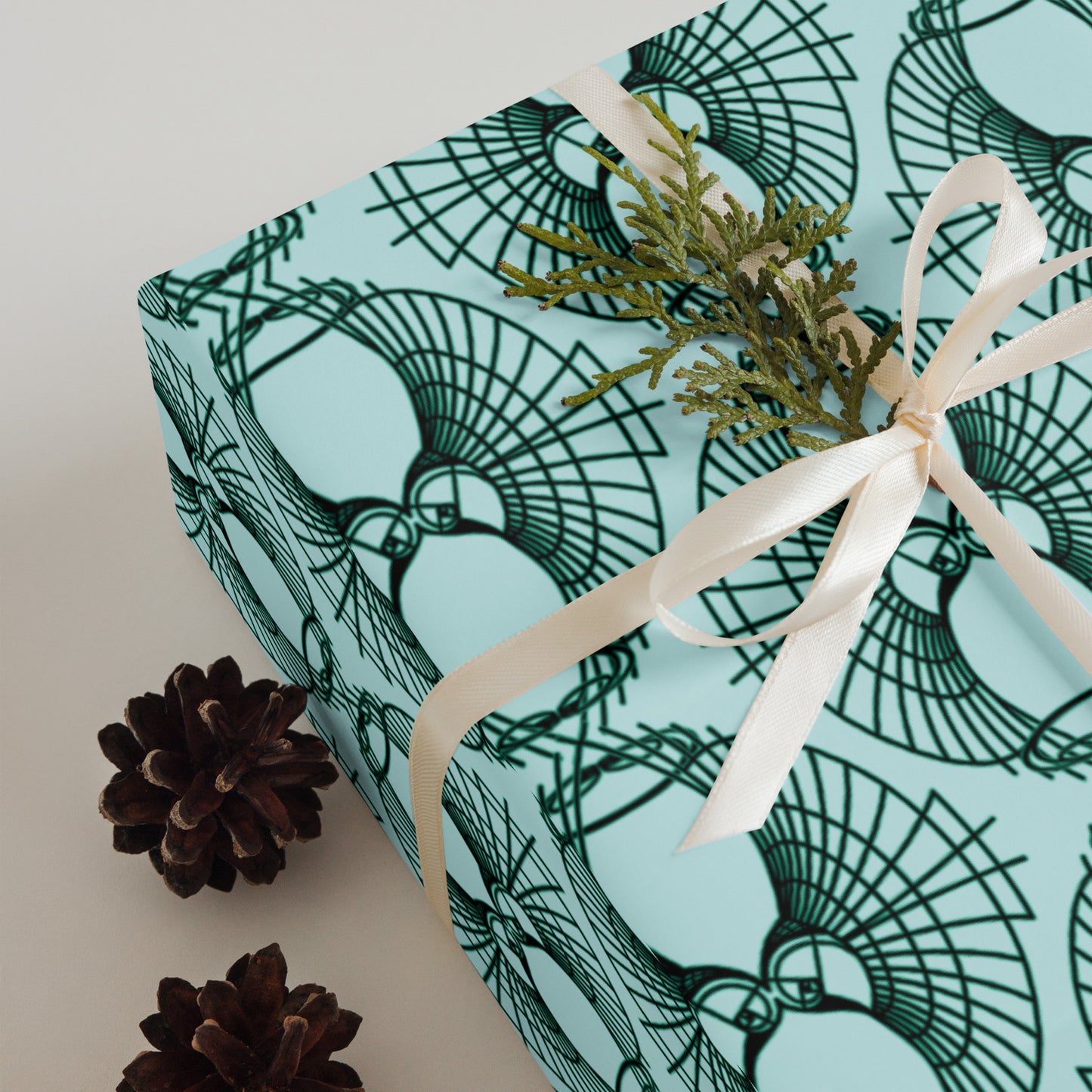 Rose Fibonacci Logo Wrapping Paper – Elegant Green Logo Design on Pale Blue Background